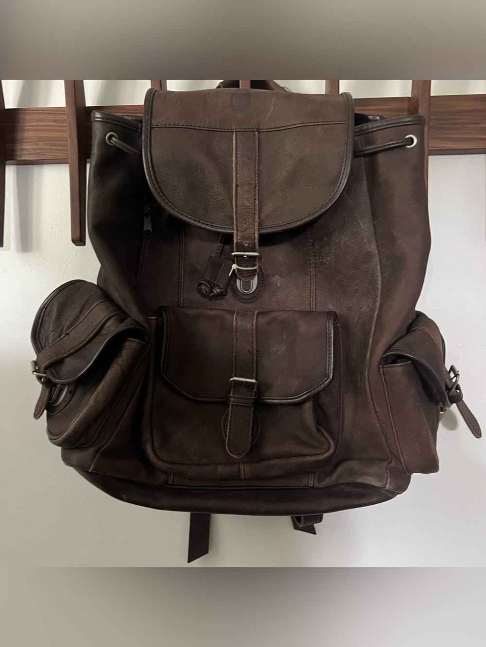 Vintage large Genuine Cowhide Leather Brand Unmarked Multi Compartment Backpack